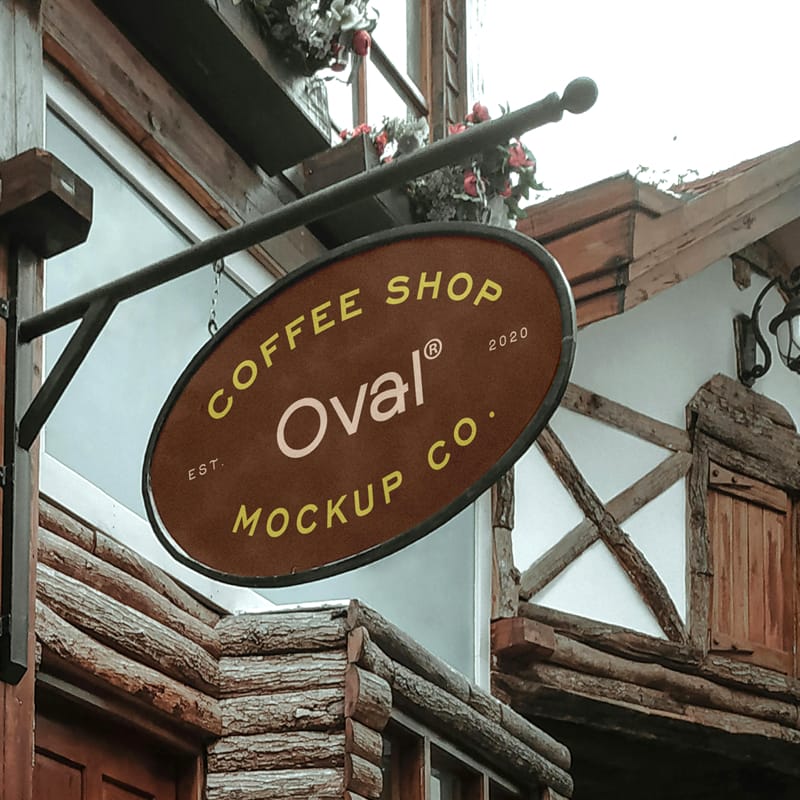 Coffee Shop Oval Signboard Mockup PSD