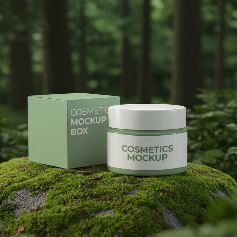 Cosmetic Jar with Box in Forest Mockup PSD