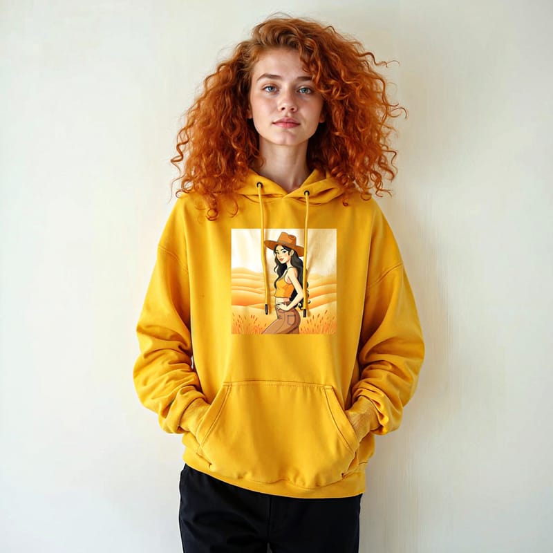 Curly Hair Girl Wearing Yellow Hoodie Mockup PSD