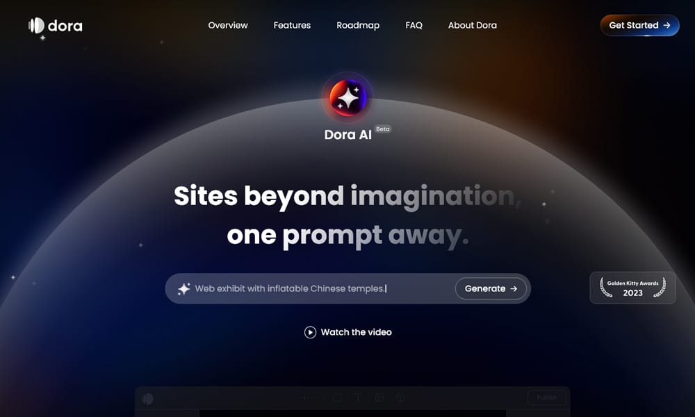 Dora AI text-to-3D website generation interface with AI prompt input and rendered 3D website output