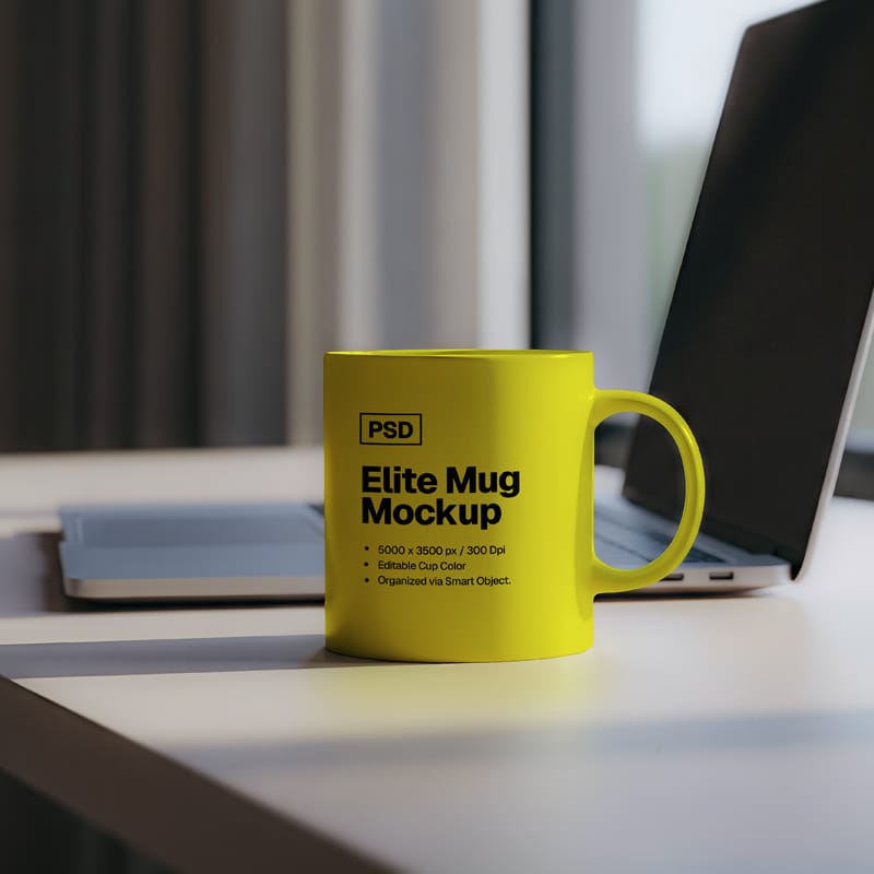 Elite Mug Mockup on Desk Scene PSD