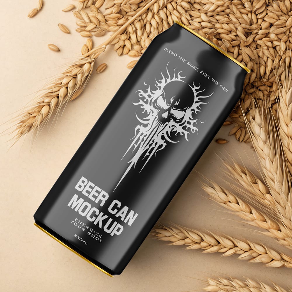 Free Beer Can Mockup On Wheat Grains PSD