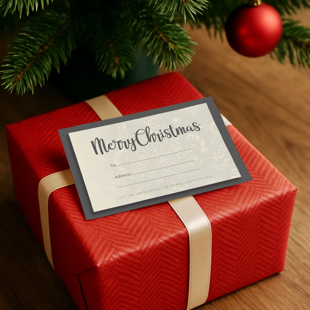 Free Christmas Gift under Christmas Tree with Gift Card Mockup PSD