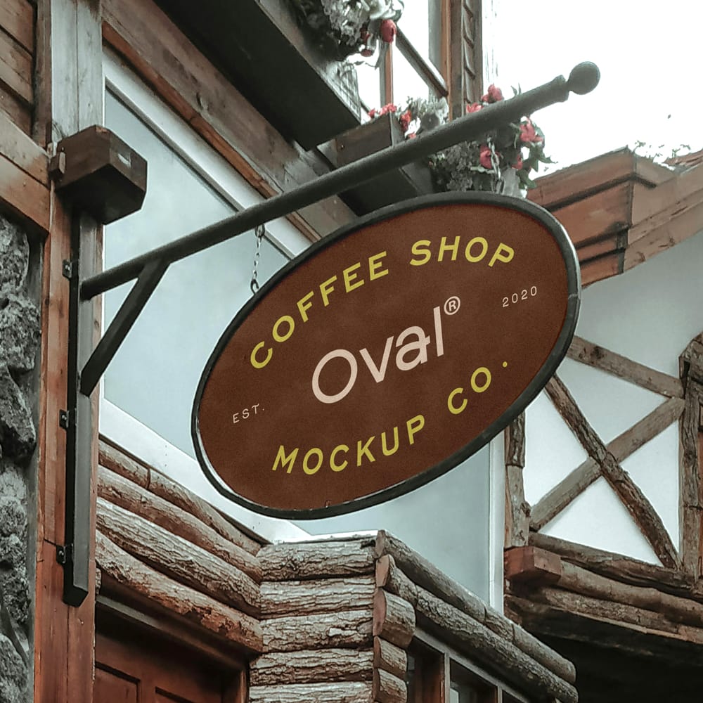 Free Coffee Shop Oval Signboard Mockup PSD