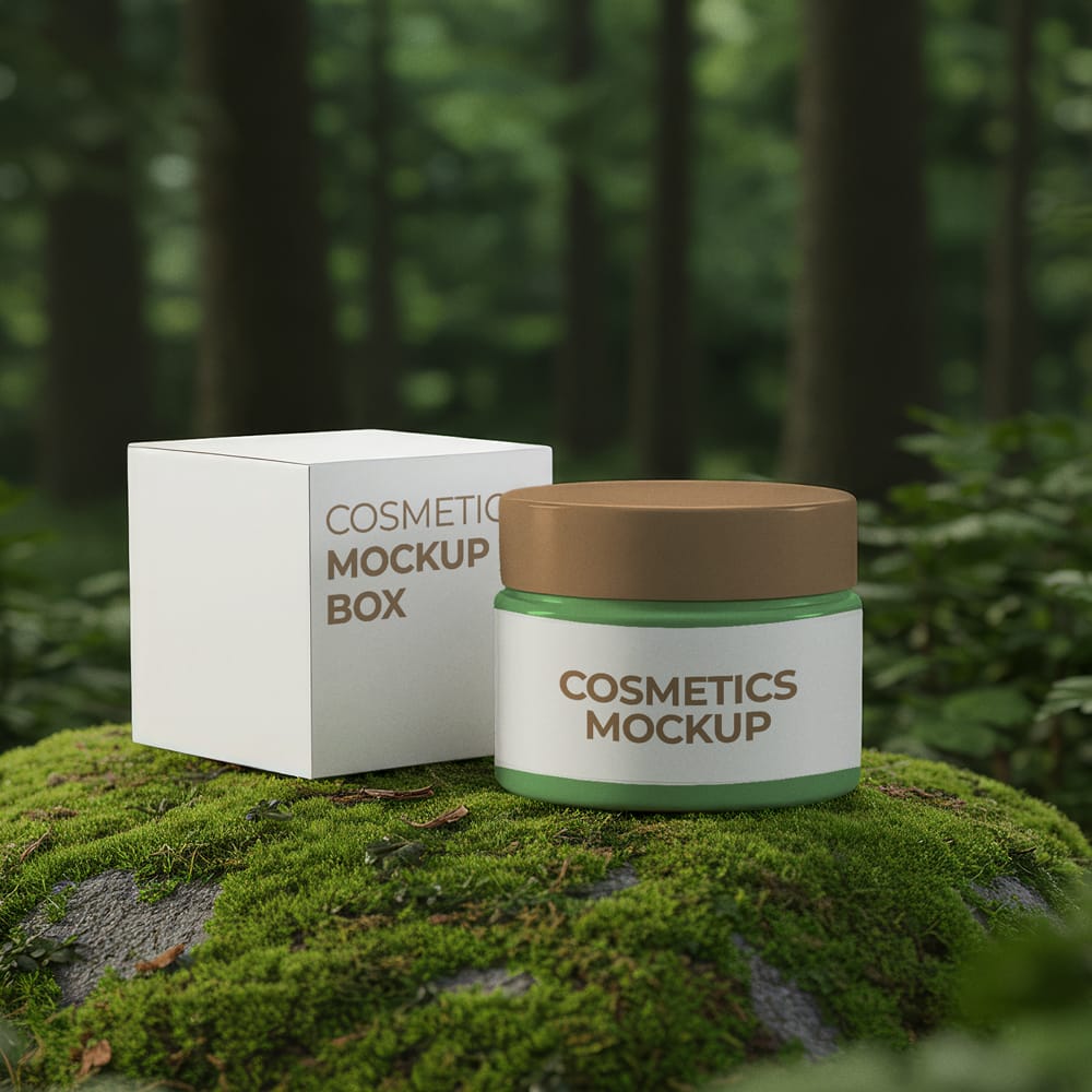 Free Cosmetic Jar with Box in Forest Mockup PSD