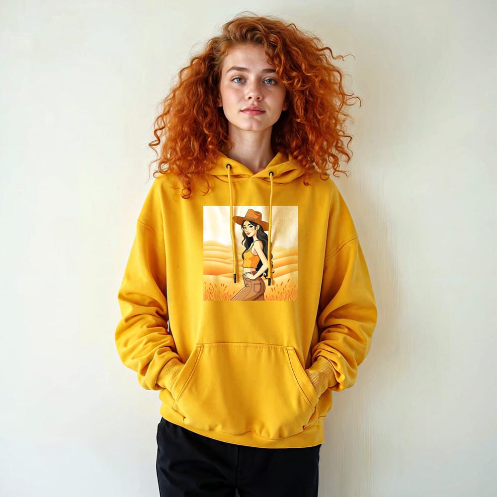 Free Curly Hair Girl Wearing Yellow Hoodie Mockup PSD