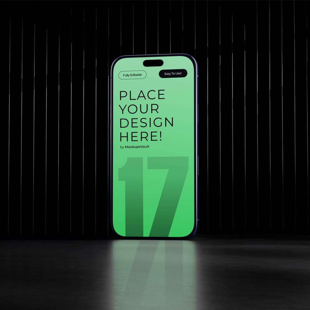 Free Modern iPhone 17 Pro Mockup on Dark Reflective Floor PSD