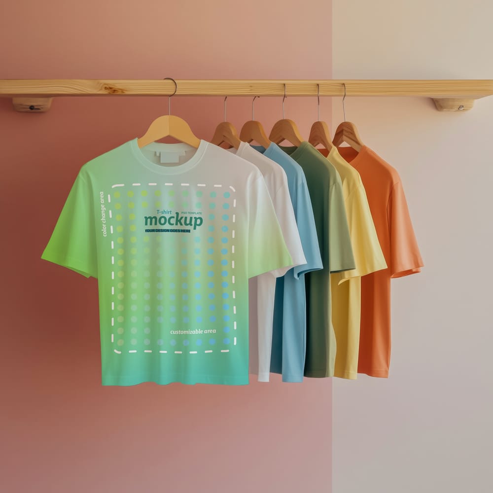 Free Multiple Color T-Shirt Mockup on Rack PSD