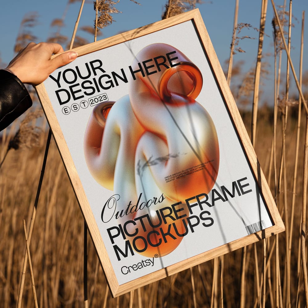 Free Outdoor Wooden Picture Frame in Tall Grass Mockup PSD