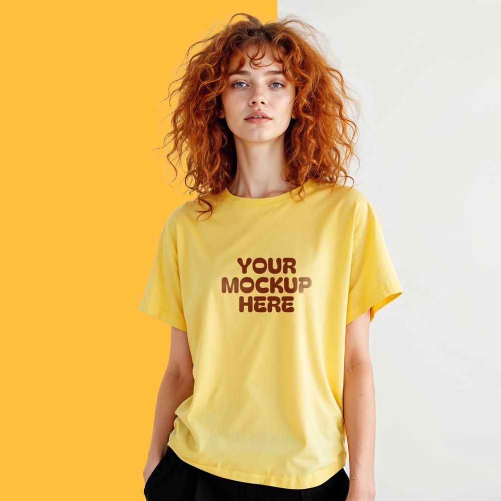 Free Trendy Female Yellow Oversized T-Shirt Mockup PSD
