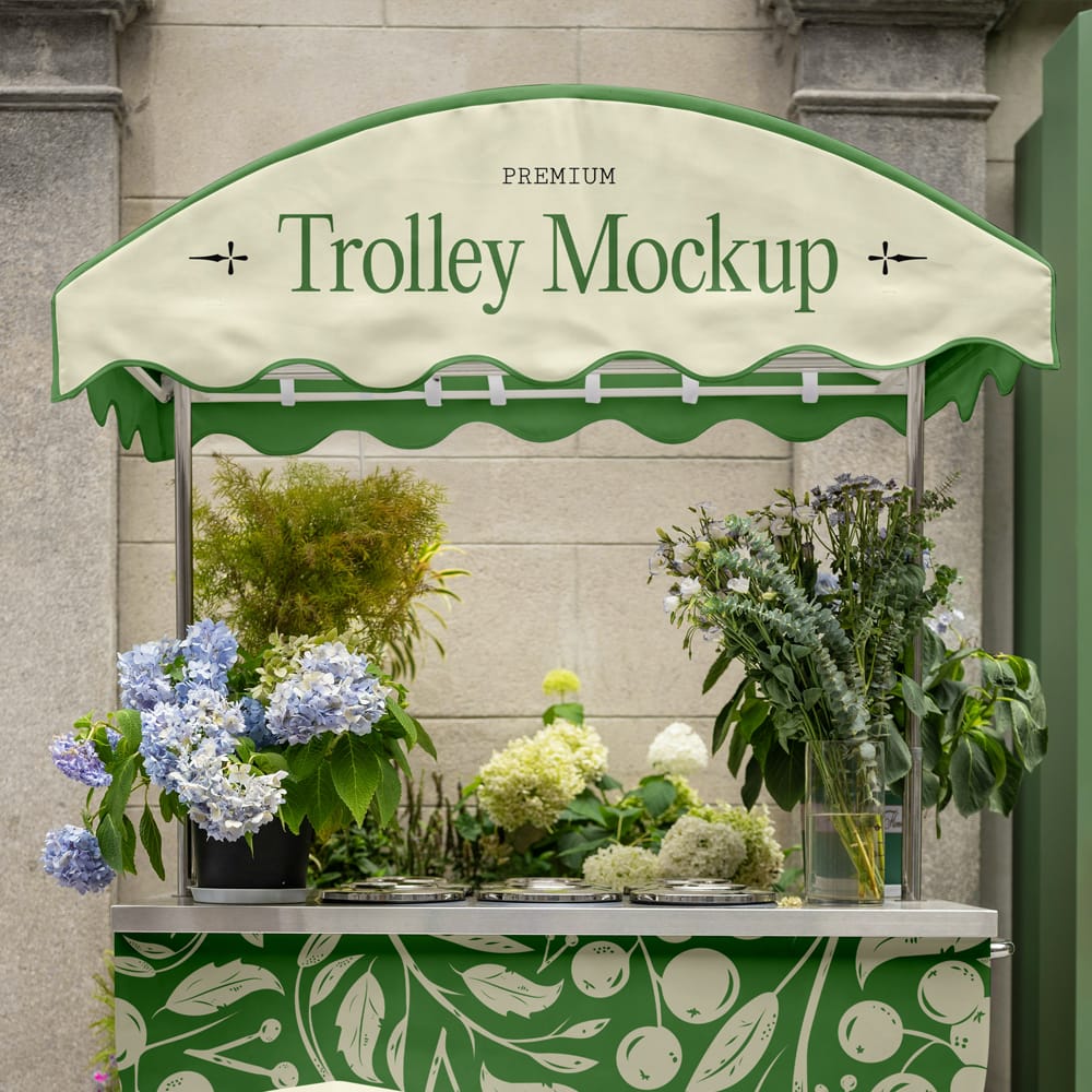 Free Trolley with Flowers Mockup PSD
