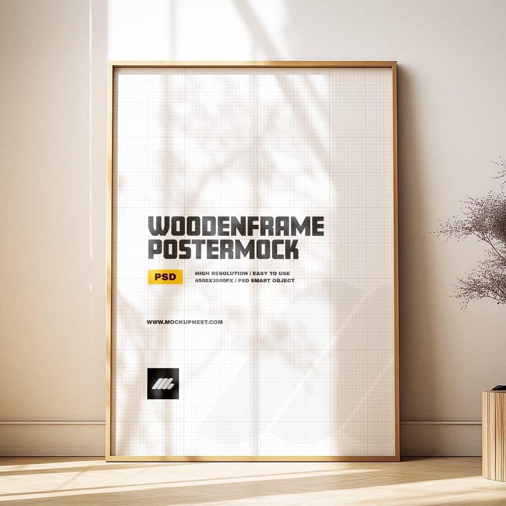 Free Wooden A2 Poster Frame Mockup in Sunlit Minimal Room PSD
