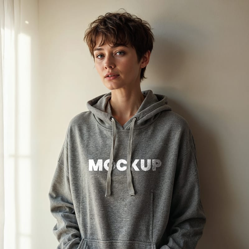 Girl Wearing a Grey Hoodie Mockup PSD