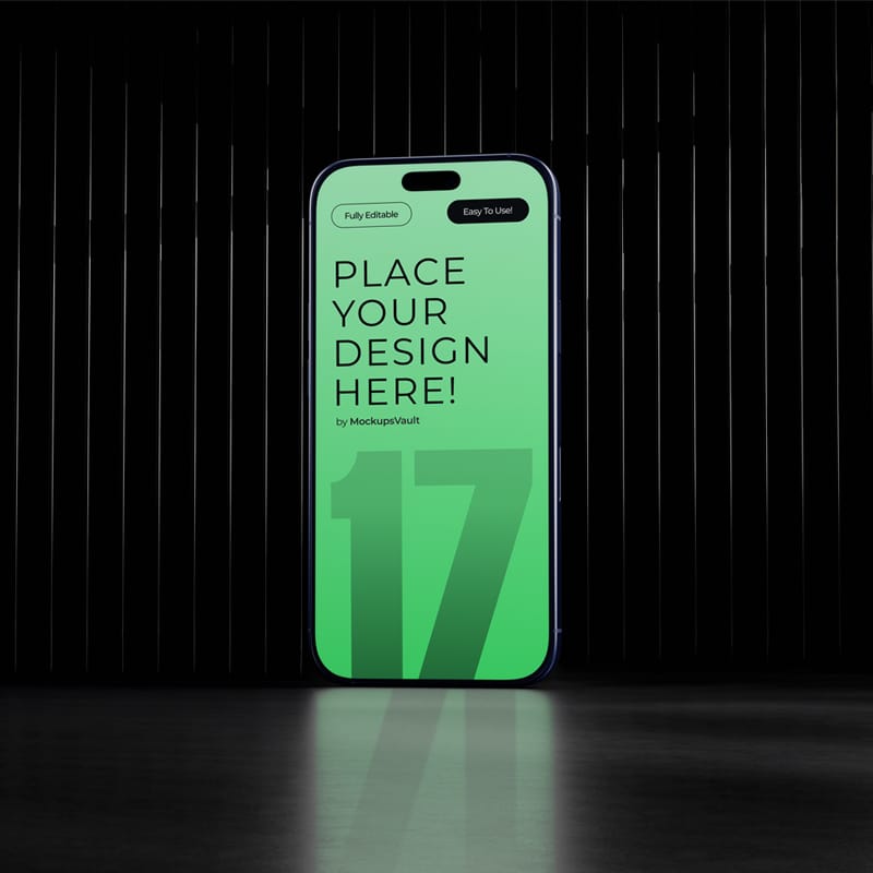 Modern iPhone 17 Pro Mockup on Dark Reflective Floor PSD