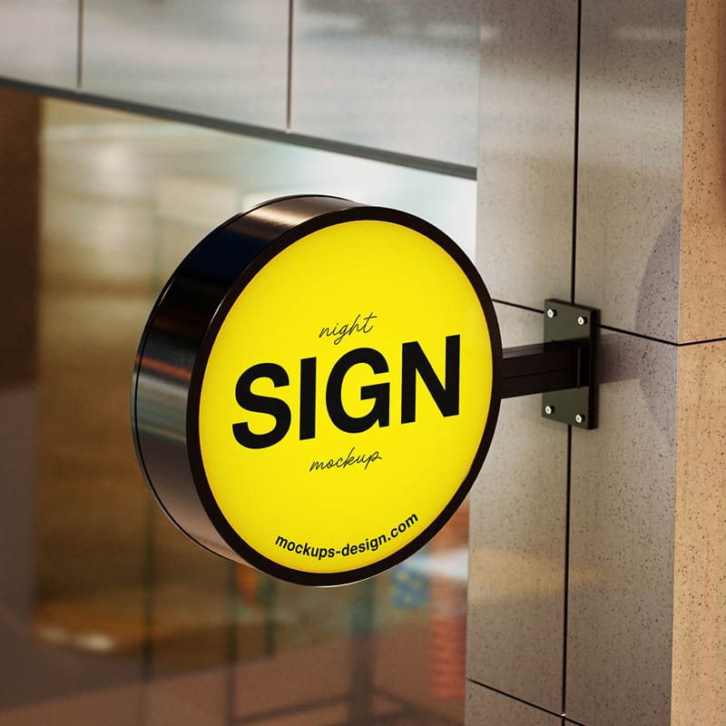 Night-lit Round Sign Mockup PSD