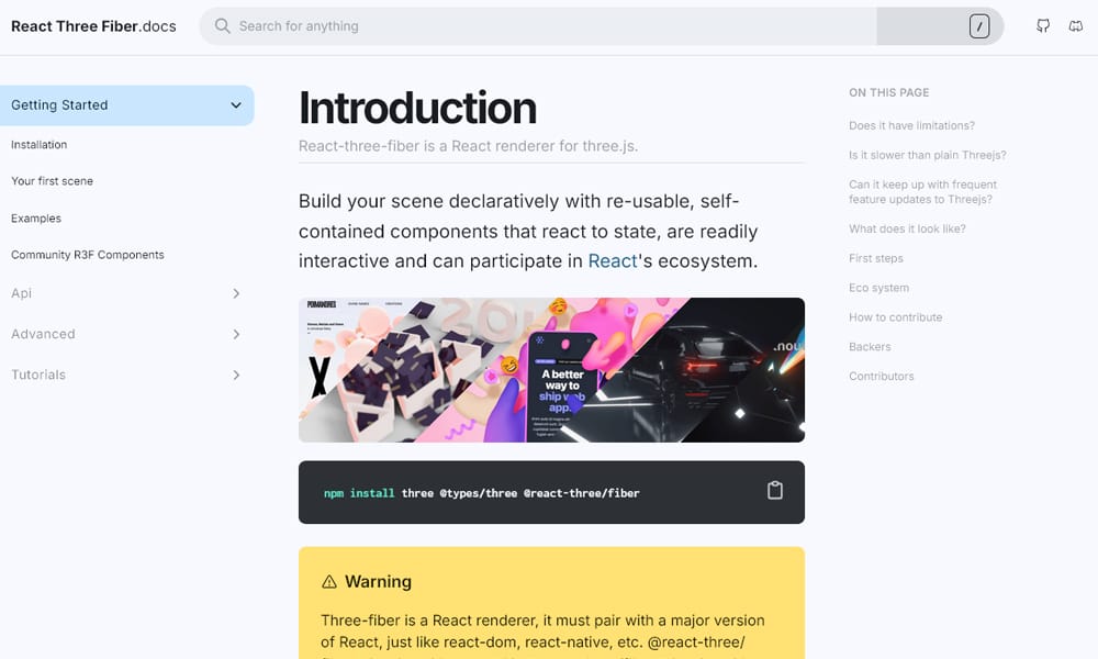 React Three Fiber JSX syntax example showing 3D mesh components with React hooks