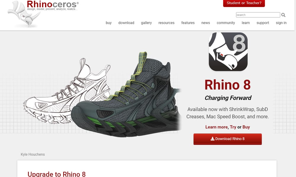 Rhino 3D modeling interface showing NURBS curves, surfaces, and architectural design