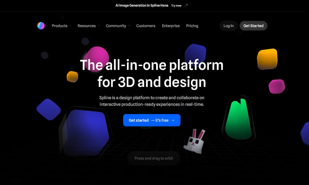 Spline 3D web design tool interface showing drag-and-drop editor for rotating 3D models