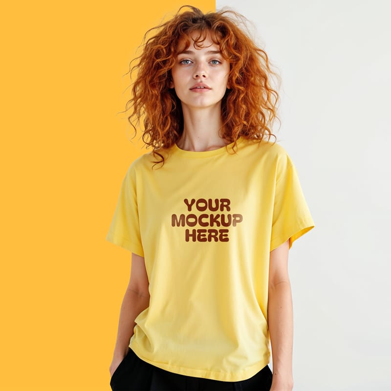 Trendy Female Yellow Oversized T-Shirt Mockup PSD