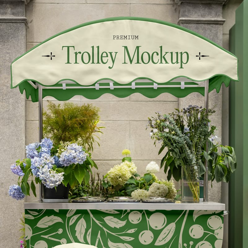 Trolley with Flowers Mockup PSD