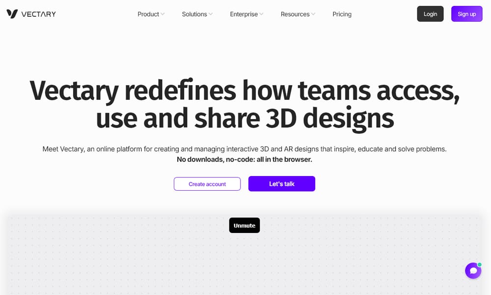 Vectary 3D design tool showing clean interface with imported 3D model and animation timeline