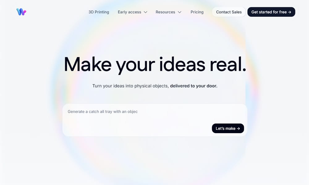 Womp 3D design interface showing Figma-like drag-and-drop with pre-made 3D asset library