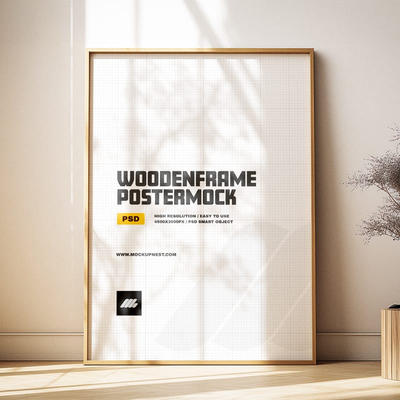 Wooden A2 Poster Frame Mockup in Sunlit Minimal Room PSD