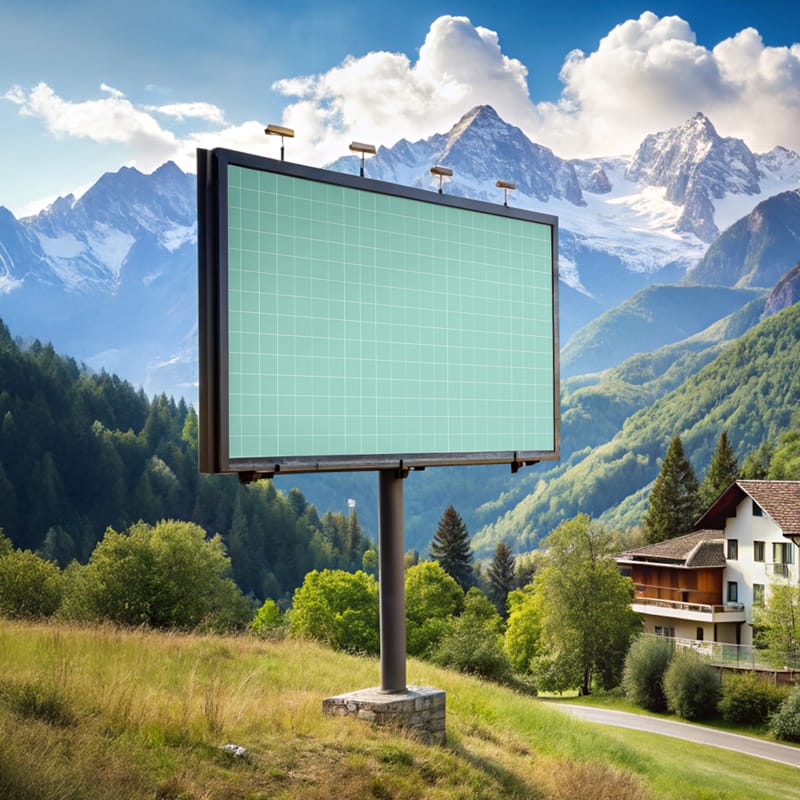 Billboard Mockup with Mountain Village in the Background PSD