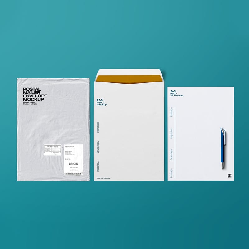 C4 Envelope and Postal Mailer Mockup PSD