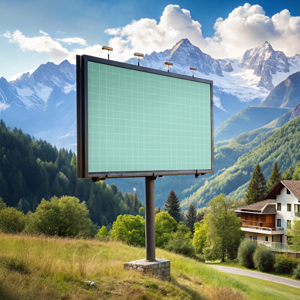 Free Billboard Mockup with Mountain Village in the Background PSD