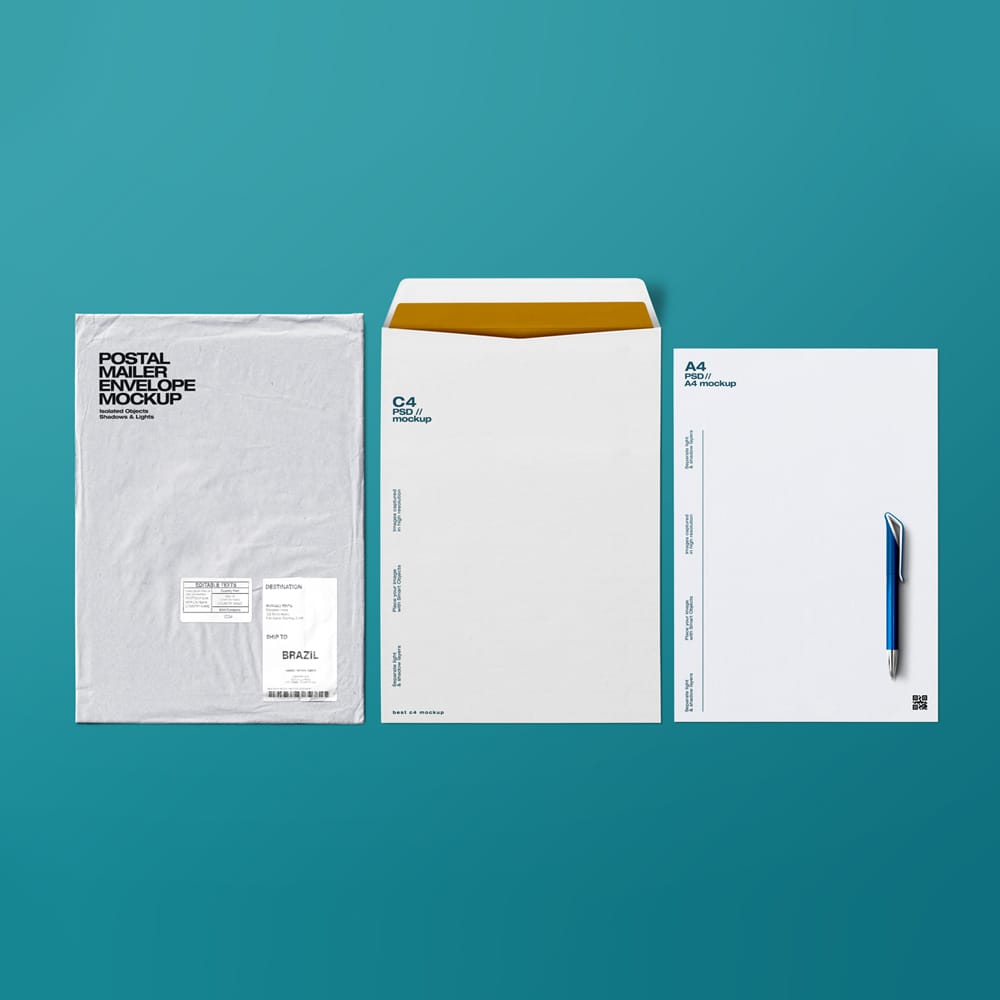 Free C4 Envelope and Postal Mailer Mockup PSD