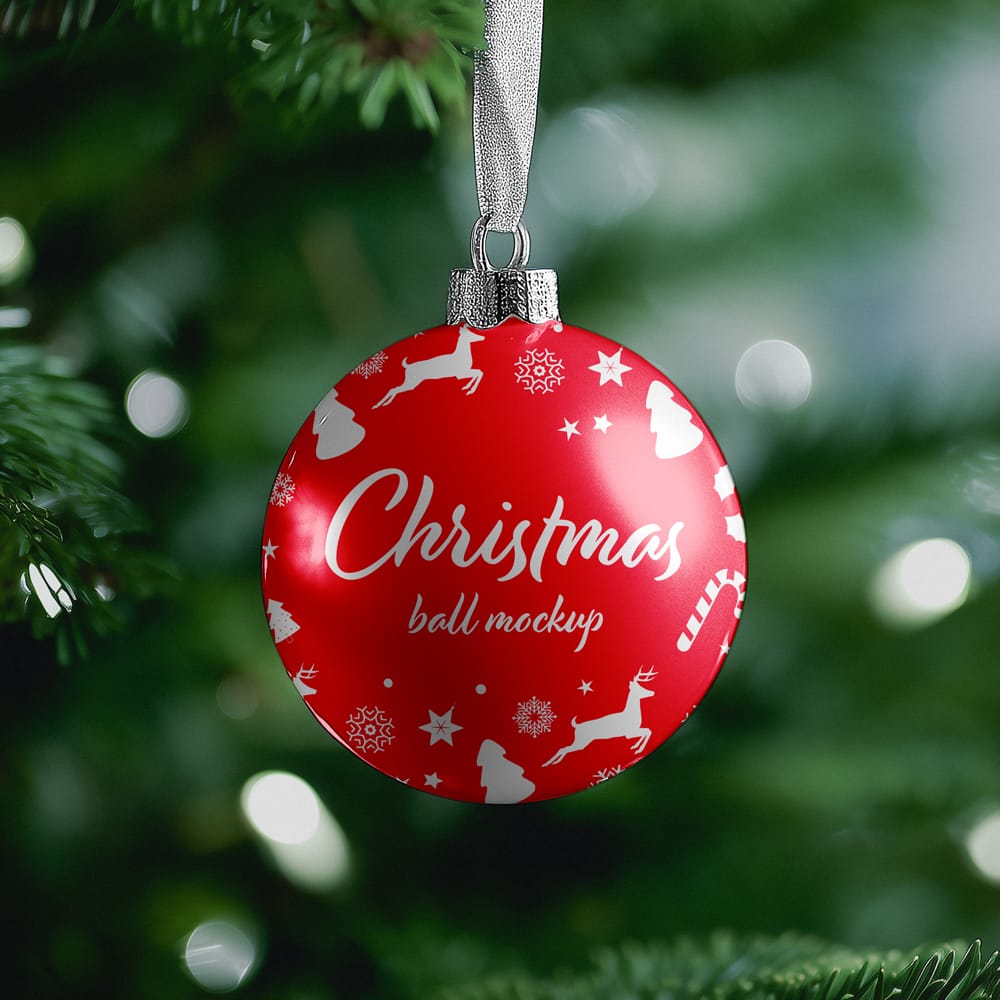 Free Christmas Ball Mockup With Green Tree PSD