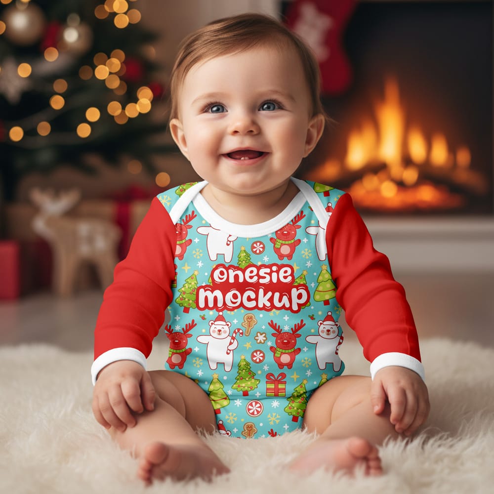 Free Christmas Long-Sleeve Onesie Mockup PSD