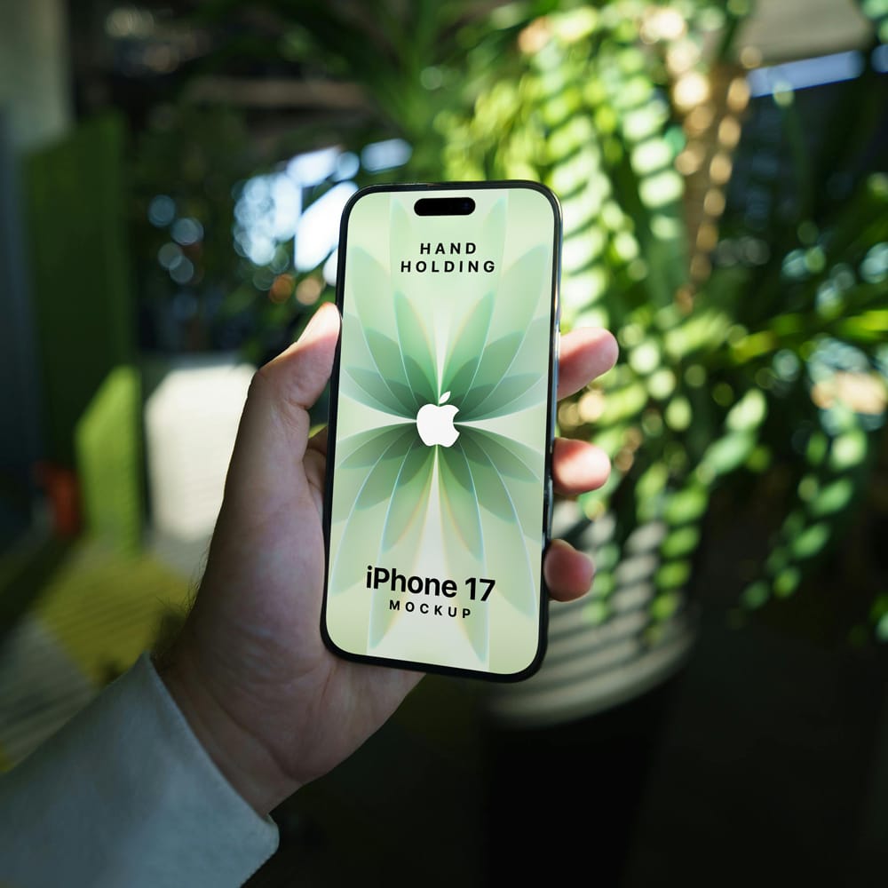 Free Hand Holding iPhone 17 Mockup PSD