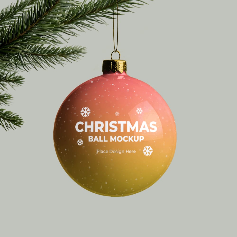 Free Hanging Christmas Ball Mockup on Pine Branch PSD