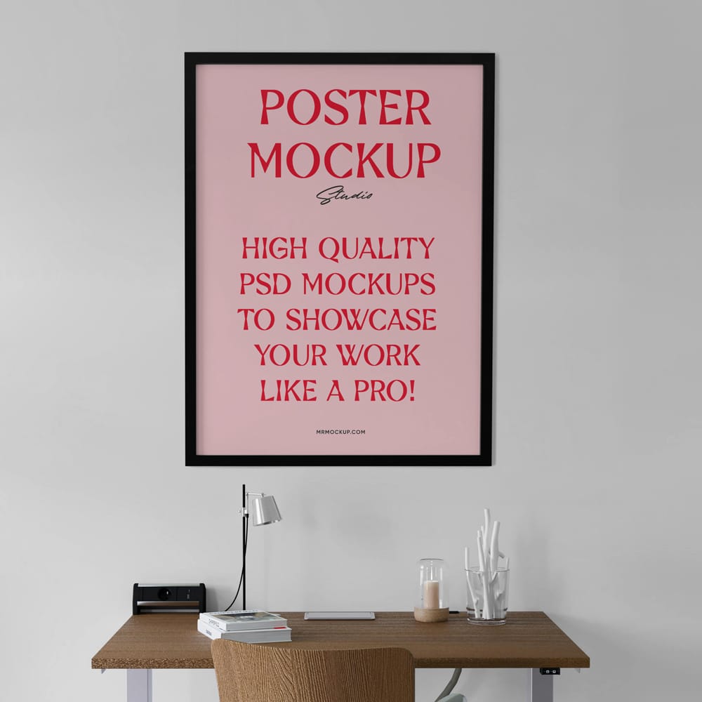 Free Hanging Poster Above The Desk Mockup PSD