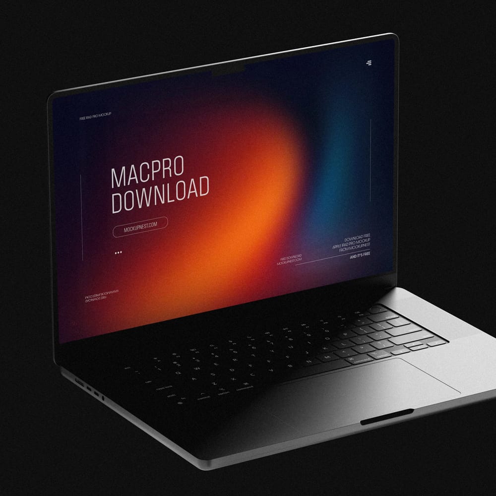 Free Macbook Mockup in Dark Studio Scene PSD