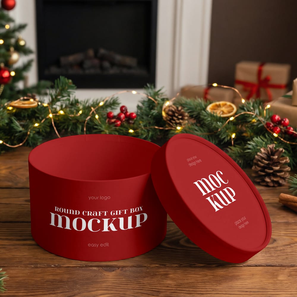 Free Round Craft Gift Box Mockup PSD