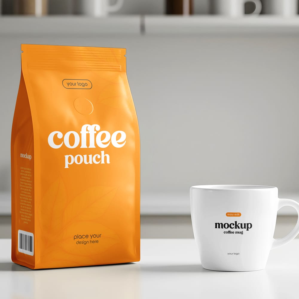 Free Scene with Coffee Pouch Mockup and Cup PSD