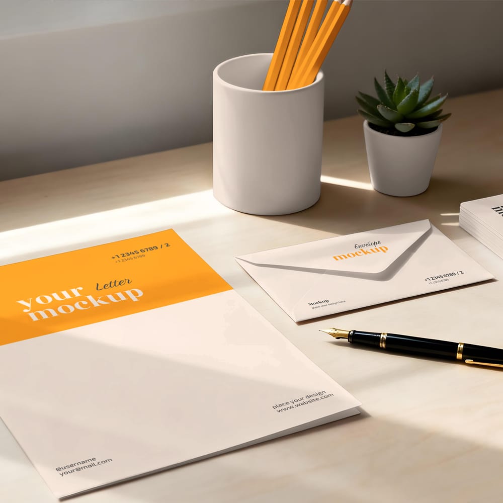 Free Stationery on the Wooden Desk Mockup PSD