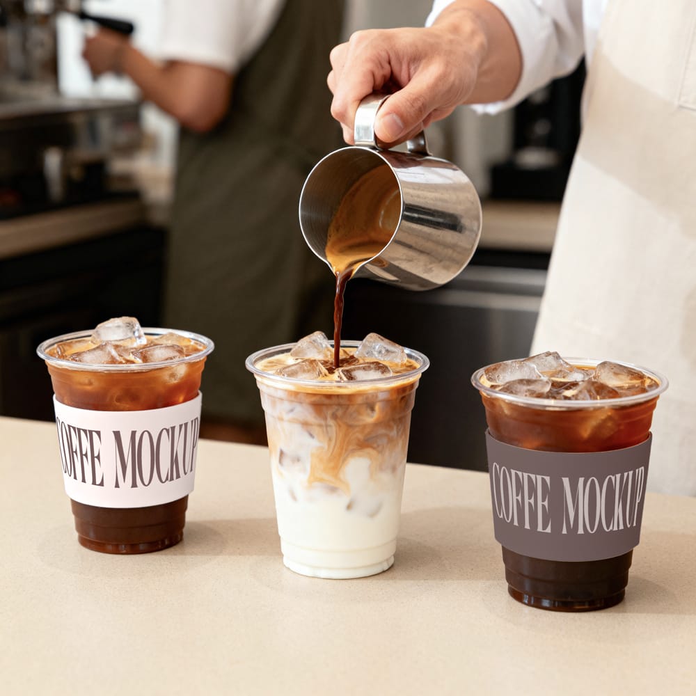 Free Three Plastic Iced Coffee Cup Mockups PSD