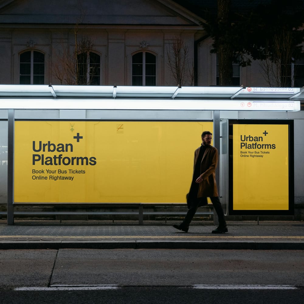 Free Urban Bus Stop with Digital Billboard Mockup PSD
