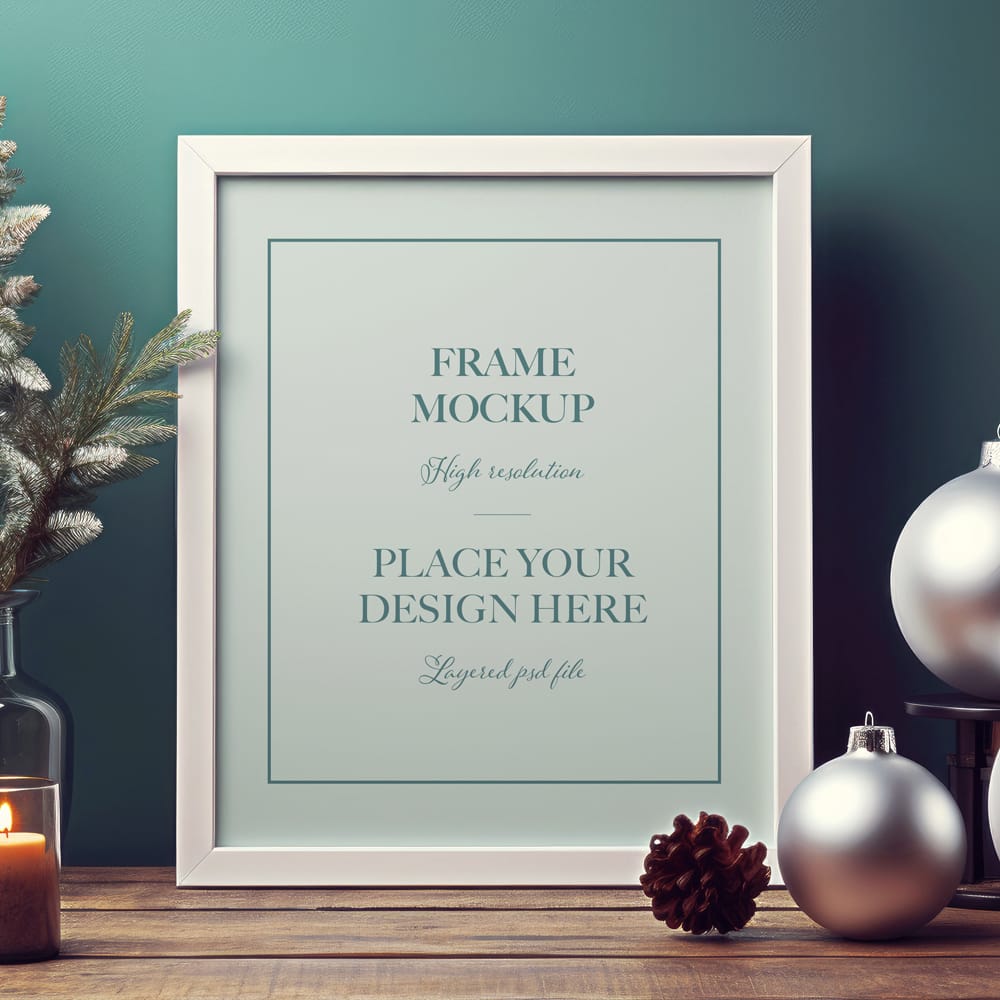 Free White Frame Mockup on Wooden Table PSD