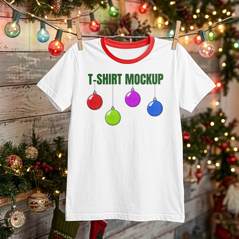 Hanging Christmas T-Shirt Mockup PSD