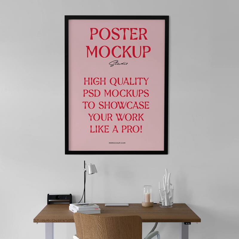 Hanging Poster Above The Desk Mockup PSD