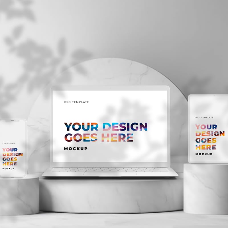 Minimalist Multi-Device Mockup on Marble Pedestals PSD