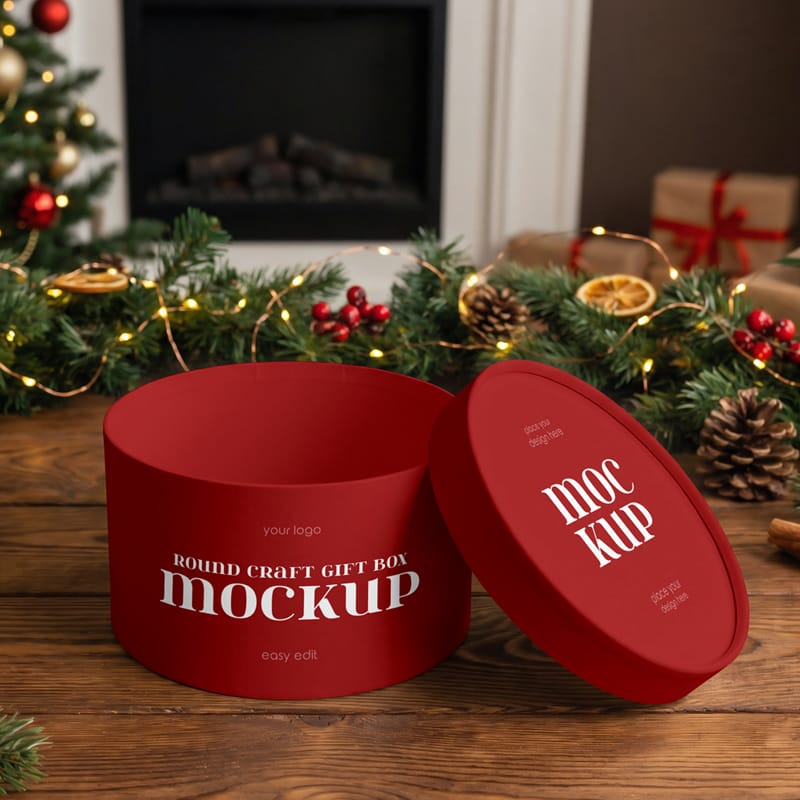 Round Craft Gift Box Mockup PSD