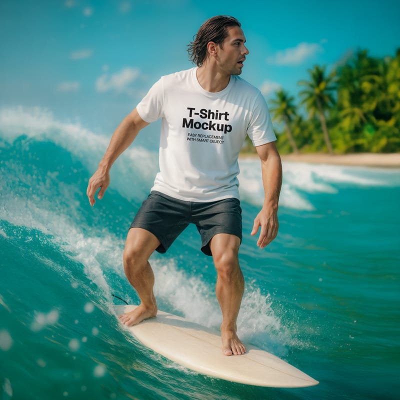Surfer T-Shirt Mockup on Tropical Ocean Wave PSD