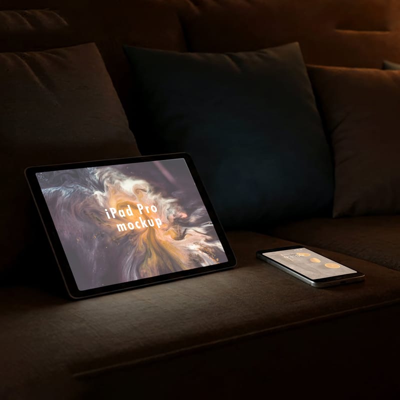 Tablet and Phone on Sofa Mockup PSD