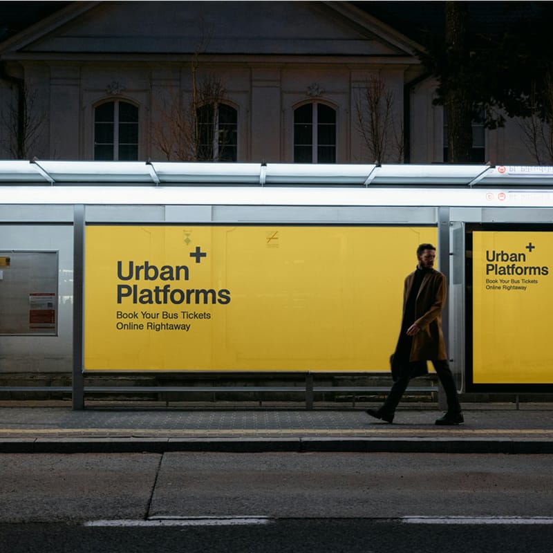 Urban Bus Stop with Digital Billboard Mockup PSD